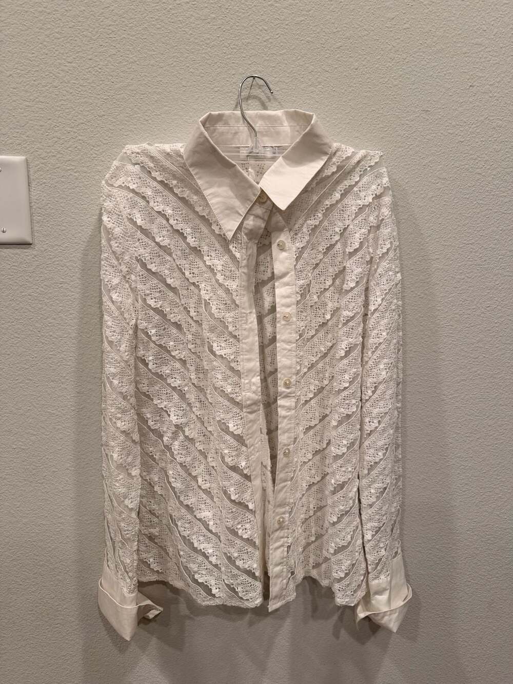 Zeeba 100% Cotton Cream Sheer Tiered Lace Button-Up Blouse